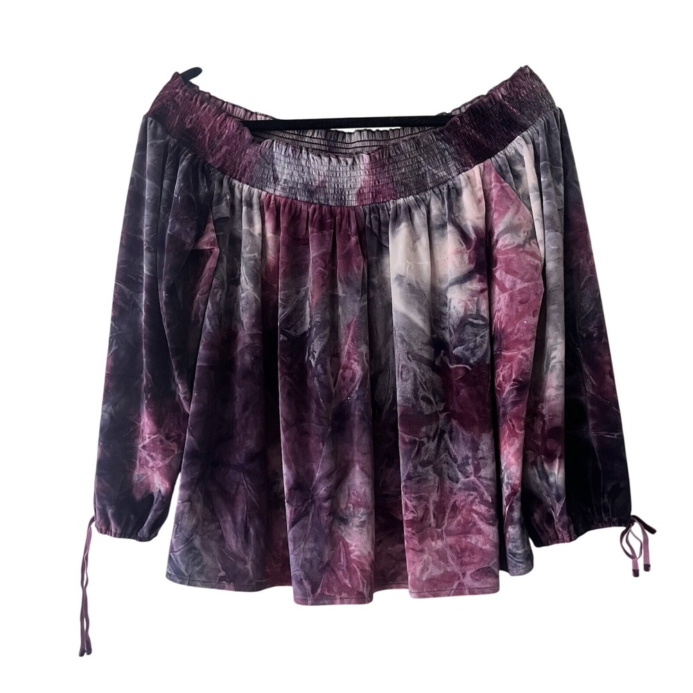 American Eagle Off The Shoulder Top Womens Purple Tie Dye Velvet Smocked Large